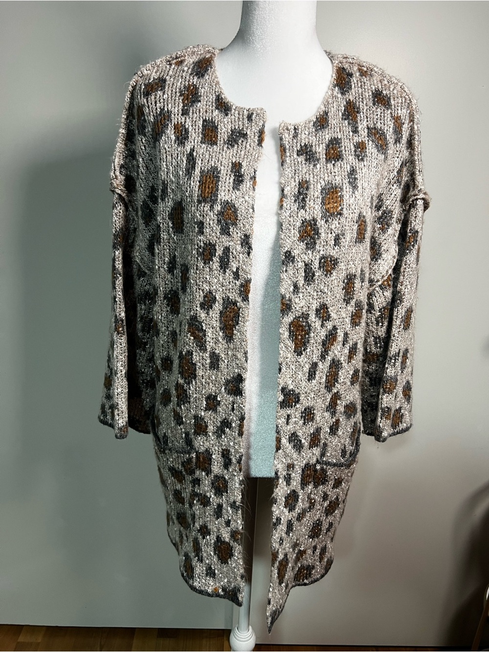 Leopard Print Open-Front Cardigan Sweater - Taupe/Brown